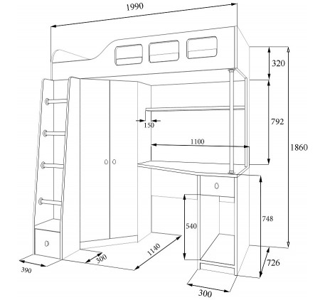 Кровать-чердак со столом и шкафом Астра-7, спальное место 195х80 см